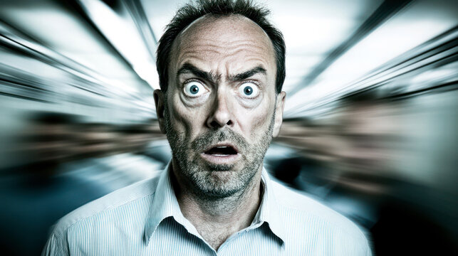 Man with wide open eyes - extreme fear, stress, bad news