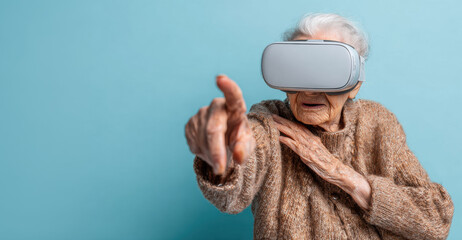 Elderly woman wearing virtual reality headset, engaging with immersive technology, showcasing active digital longevity and modern entertainment experiences for seniors