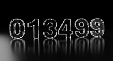 Crystal Numbers: 013499 Reflecting on a Glossy Black Surface, Minimalist Design