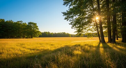 Golden sunrise light streaming through pine trees across a tranquil grassy meadow.