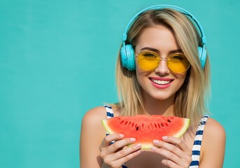 Vibrant summer portrait of a smiling woman with headphones eating a watermelon slice