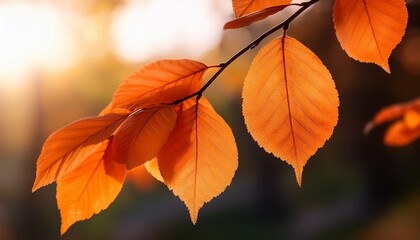 Obraz premium close up view of a tree branch featuring vibrant orange leaves ideal for use in designs related to nature and fall themes