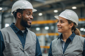 Two engineers wearing safety gear and smiling at the camera. The man is wearing a black shirt and the woman is wearing a gray shirt