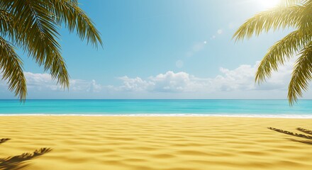 Sunny tropical paradise beach with golden sand, turquoise ocean, and framing palm trees