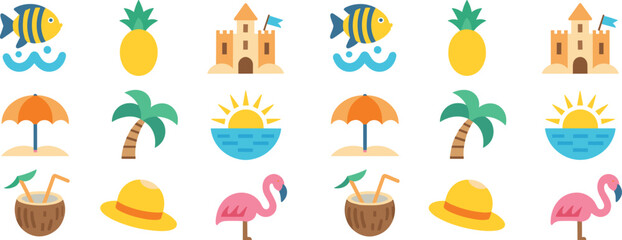 Summer, beach, vacation, holiday, travel, tropical, paradise, sun, ocean, sand, coconut, hat, flamingo, fish, pineapple, vector, icons, set, collection, symbols