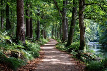 Sun Dappled Path Through Lush Green Forest Canopy Beside Calm River