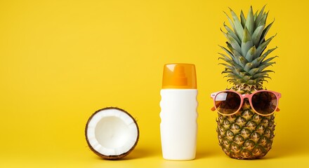 Tropical summer essentials with a cool pineapple, coconut, and sunscreen on a vibrant background.