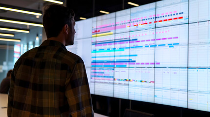 Focused businessman analyzing complex data on a large digital display screen in a modern office setting