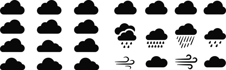 Weather, forecast, climate, meteorology, cloud, rain, wind, sky, season, nature, element, symbol, vector, icons, set, collection, conditions, monochrome, simple, outline