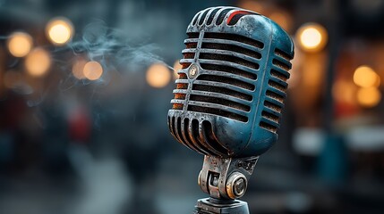 Blue vintage microphone glowing in smoky lights high resolution picture