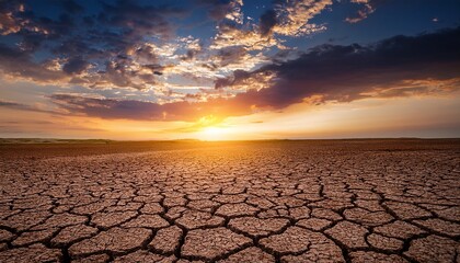 a cracked dry earth landscape stretches to a glowing sunset beneath dramatic clouds