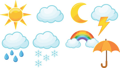 Weather, forecast, climate, meteorology, sun, cloud, rain, snow, moon, rainbow, lightning, storm, umbrella, seasons, vector, icons, set, collection, elements, symbols