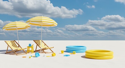 Sunny beach day concept with lounge chairs and umbrellas for holiday relaxation