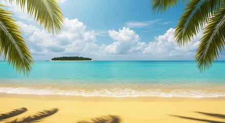 Idyllic sunny day on a tropical beach with calm ocean waves and a remote island on the horizon