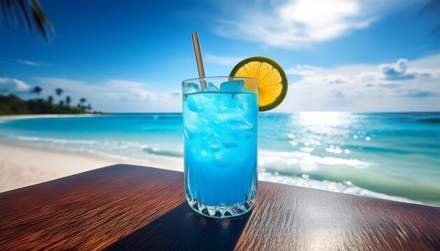 refreshing blue cocktail served in a tropical setting near the ocean on a sunny day - Powered by Adobe