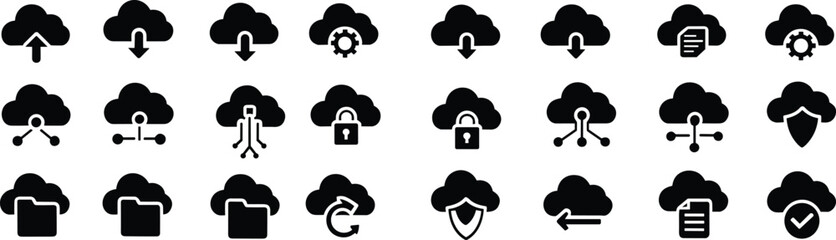 Cloud, computing, data, storage, security, network, management, server, upload, download, folder, file, sync, protection, transfer, settings, vector, icons, collection, set