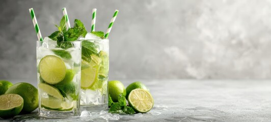 The refreshing mojito with lime and mint on a textured background