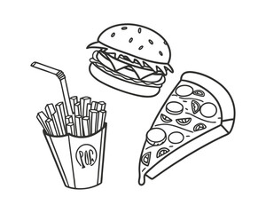 Black and White Cartoon Illustration of a Burger Fries and Pizza Slice Meal Combination for Food Related Concepts and Designs
