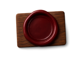 A single deep red wax seal impression with a textured surface resting on a rough wooden surface isolated on transparent background