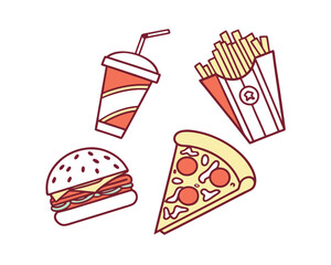 Whimsical Fast Food Icons for a Fun Design Project a Delicious and Playful Illustration with Burger Pizza Fries and Soda