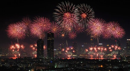 Dazzling Fireworks Display Over City Skyline at Night, Bangkok, Thailand