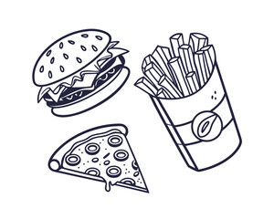 Delicious Fast Food Outlines Featuring Burger French Fries and Pizza Slice Ready to Eat and Enjoy A Classic Meal Combination