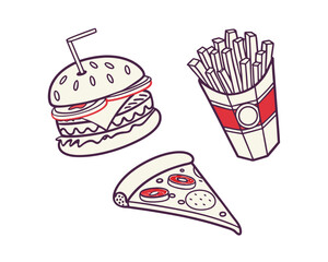 Delicious fast food combo illustration featuring burger french fries and pizza slice on a clean white background showcasing popular takeaway options