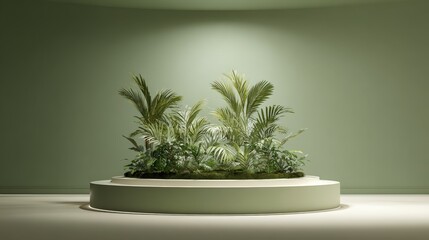 Fototapeta premium Botanical Display on Minimalist Pedestal in Soft Green Studio Lighting for Product Showcase