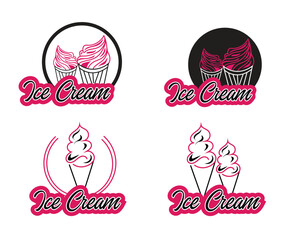 Strawberry ice cream logo collections, Ice cream logo in cups and cones, Badge ice cream logo set
