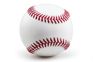Close-up of a baseball against white background. Stitched, white ball with red laces. Circular, round. Professional grade