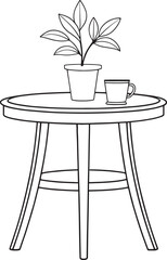 Minimalist line art featuring potted plant and coffee cup on round table for design projects