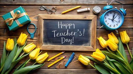 Happy teachers day celebration with yellow tulips, gift, and school supplies on a wooden table