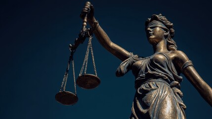 The statue of Lady Justice holding scales in a clear blue sky.