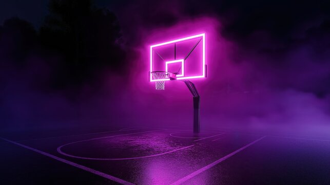 A glowing neon-lit basketball hoop in a dark, moody setting, with pink and purple lights casting an ethereal glow over the court, creating a futuristic and dramatic atmosphere. - Powered by Adobe
