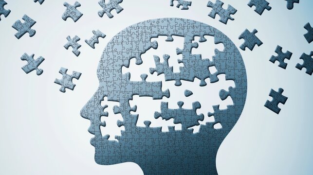 Simplified white puzzle pieces falling into a human head silhouette on a light blue background, symbolizing memory, cognition, and brain function with abstract black puzzle motifs.