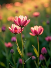 Fototapeta premium Pink cosmos flowers stand tall in a vibrant field, basking in warm sunlight in spring. death, funeral