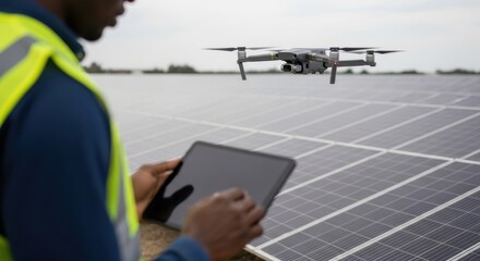 Drone inspecting solar panels with technician