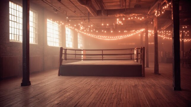 Boxing Ring in Atmospheric Gym with String Lights, Wooden Floor, and Vintage Industrial Feel
