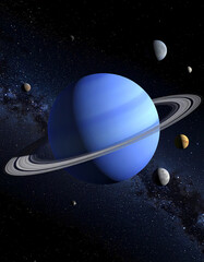Blue planet with rings in space