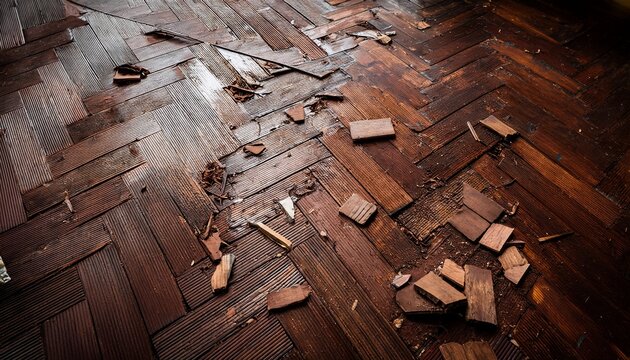 damaged parquet floor with dark brown wooden tiles showing severe wear and tear featuring scattered debris in a distressed layout from an aerial view