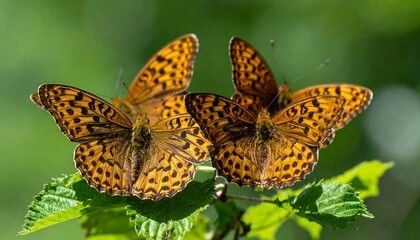 Obraz premium Three butterflies, golden-brown speckled wings, perched on green leaves