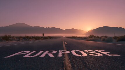 The word purpose painted on a road leading towards a hazy sunrise over mountains