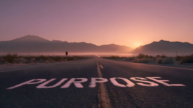 The word purpose painted on a road leading towards a hazy sunrise over mountains