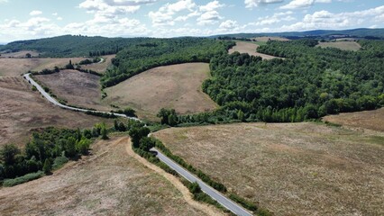 Drone shot of a landscape in Tuscany, Italy