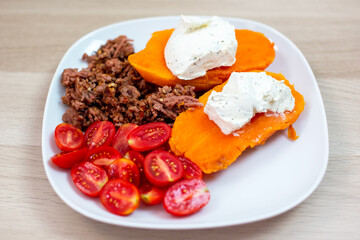 Healthy Plate Sweet Potatoes with Toppings, Ground Meat, and Tomatoes