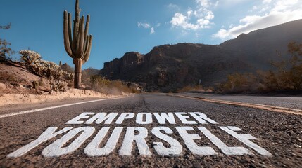 Empower Yourself Text Painted on Desert Road with Cactus and Mountains