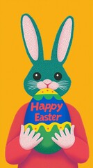 A colorful vector illustration of a rabbit holding a decorated Easter egg with the text 'Happy Easter' against a bright yellow background, ideal for advertising, marketing, website backgrounds