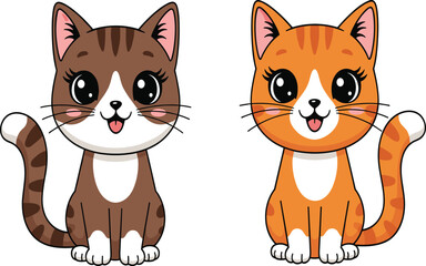 Cartoon cats illustration, cute feline duo, brown striped cat, orange tabby, smiling pets, expressive eyes, white paws, playful animals, artwork