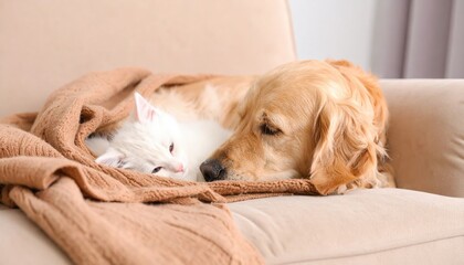 A golden retriever dog and a white cat lie together under a light brown knitted blanket on a beige armchair.
