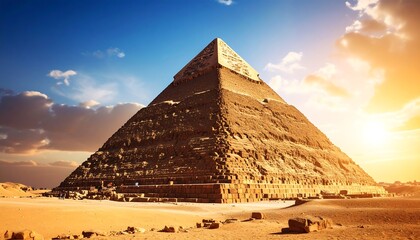 Pyramid structure in desert sunrise